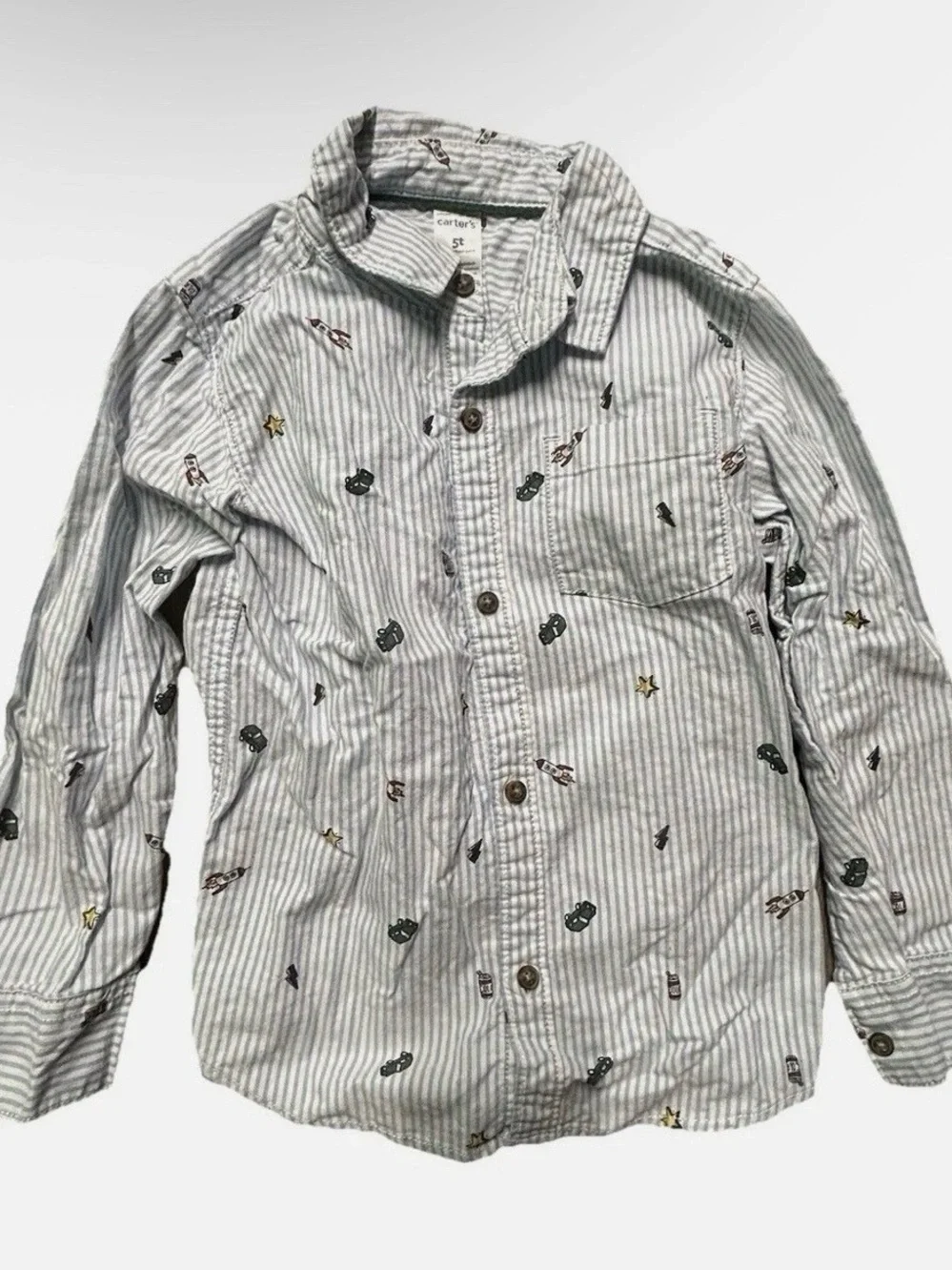 Toddler Boy Button Down Long Sleeve Shirts Dinosaurs Cars Size 5T